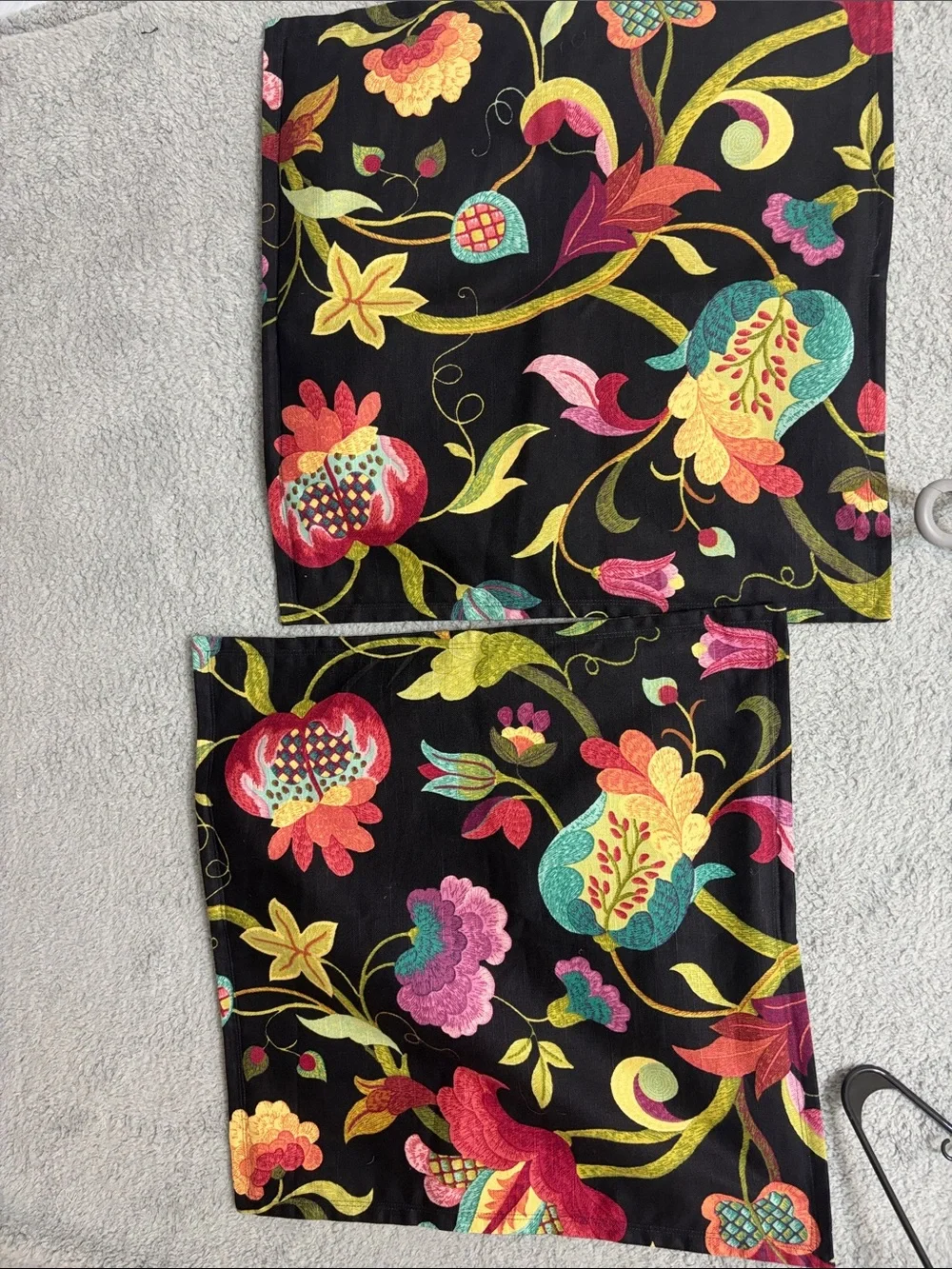 Black Floral pillowcases with Multicolor faux Embroidery, set of two.